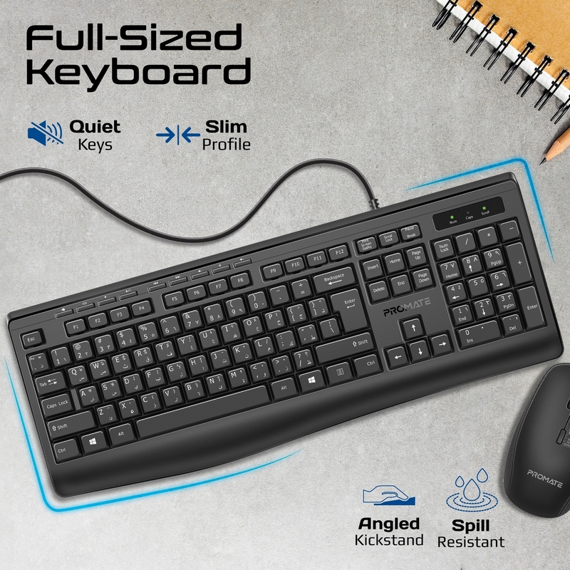 Promate Wired Keyboard and Mouse Combo, Ergonomic Slim Full-Size Quiet Keyboard with 2400 DPI Ambidextrous Mouse, Spill-Resistance, Media Keys, Plug and Play for iMac, MacBook Pro, Dell XPS 13